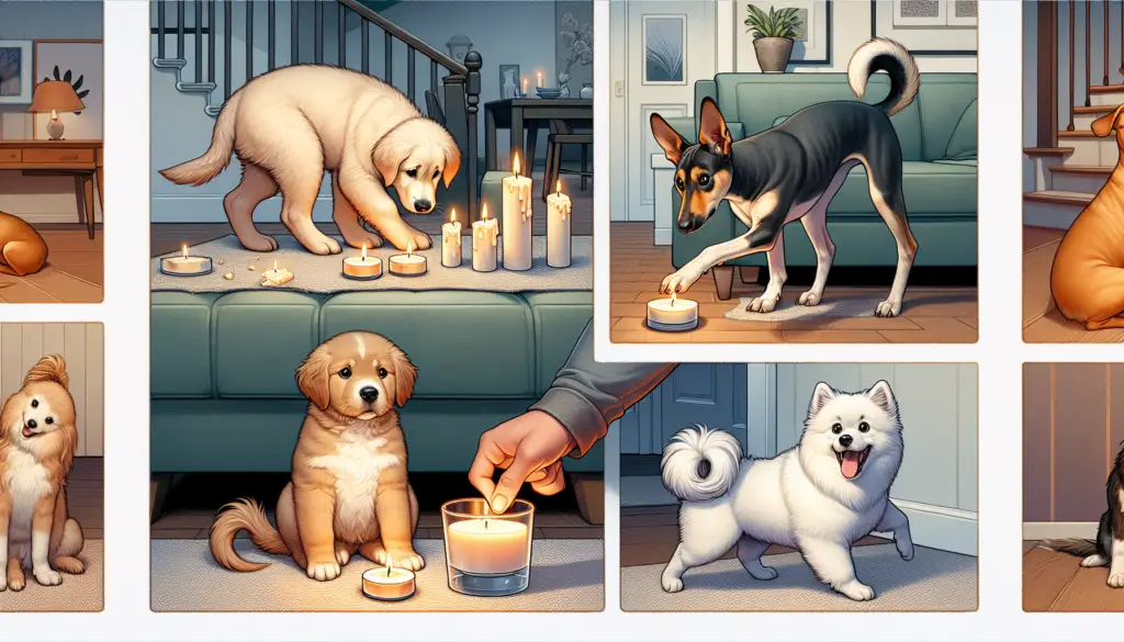 Dogs interacting with lit candles in house.