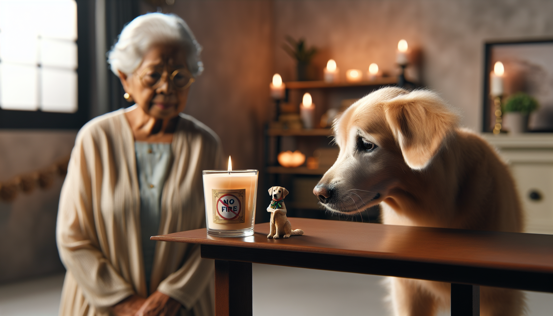 Elderly woman watching dog near lit scented candle.