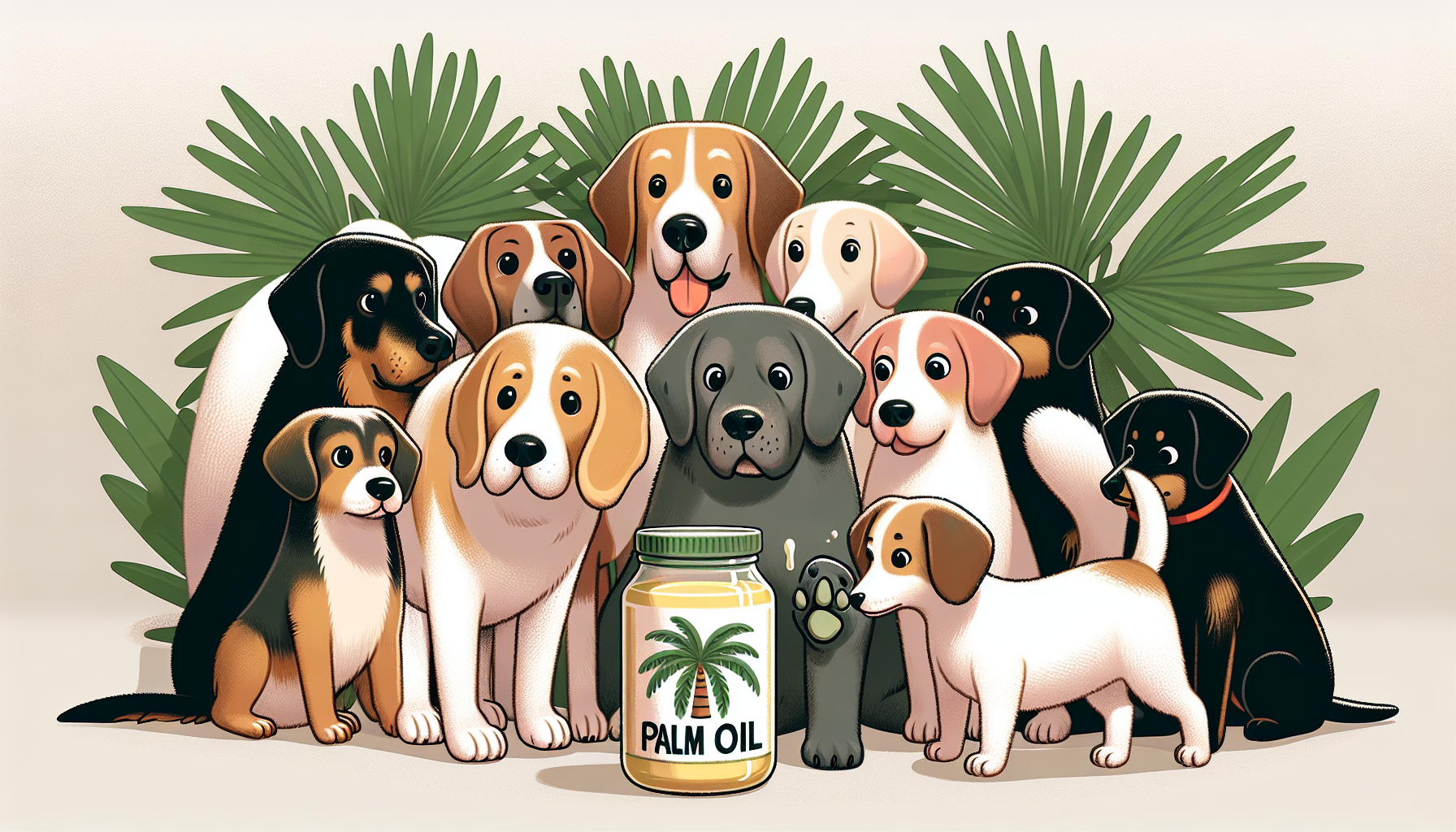 Illustration of dogs surrounding a jar labeled palm oil.