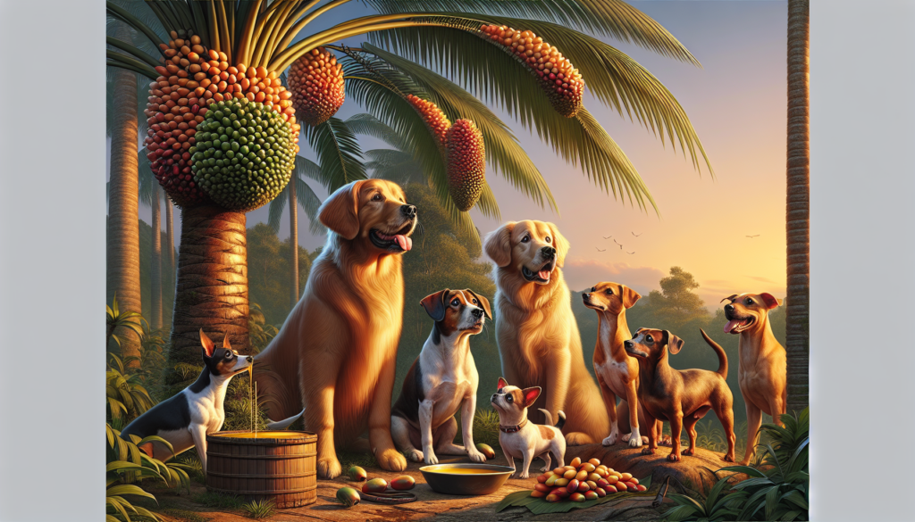 Dogs and fruits in a tropical paradise illustration.