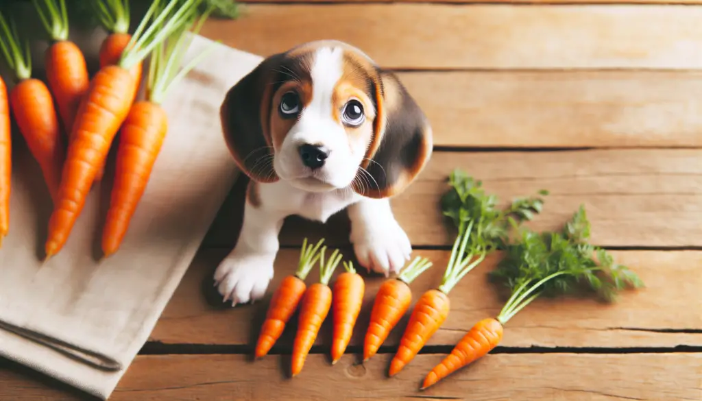 Beagle puppy with fresh carrots on wooden background.