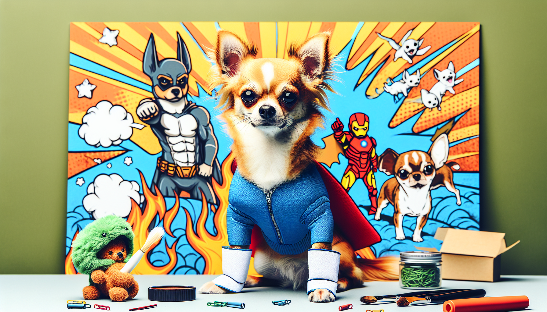 Chihuahua in superhero costume with comic book backdrop.