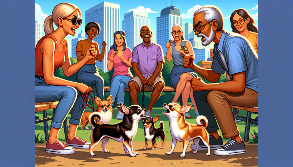 Diverse people and dogs enjoying park bench conversation.