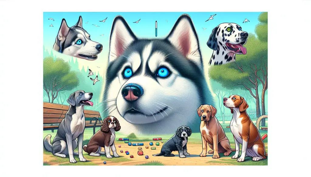 Cartoon dogs in park, playful husky illustration.