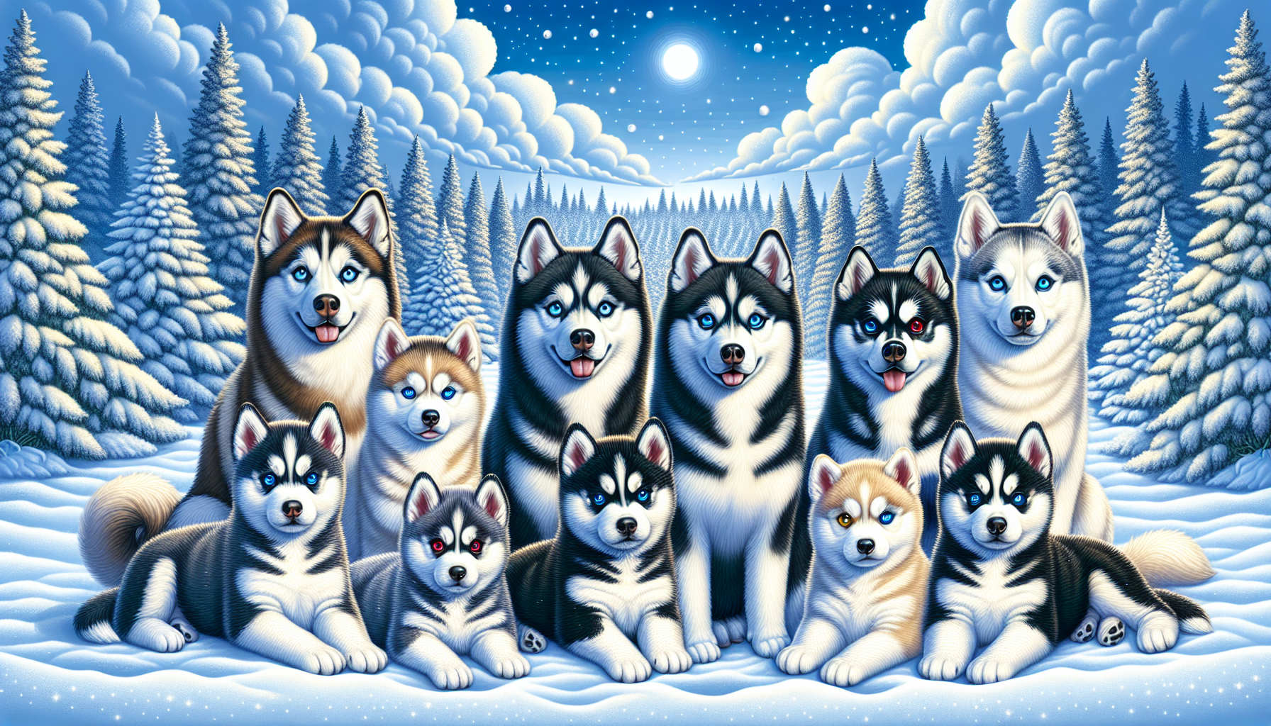 Group of Siberian Huskies in snowy forest.