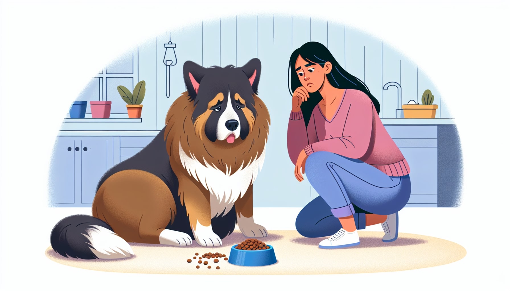Woman contemplating with dog in kitchen.