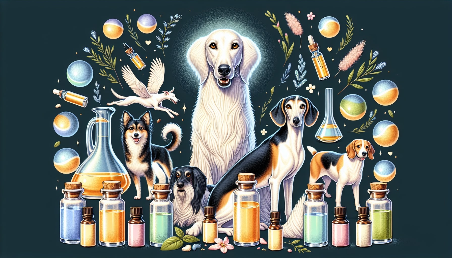 Fantasy dogs among magical potions and celestial orbs.