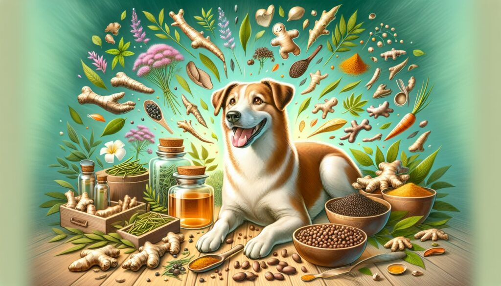 Happy dog surrounded by various colorful spices and herbs.