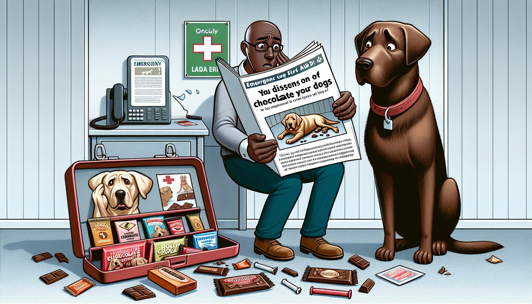 Veterinarian reading about dog chocolate poisoning risks.