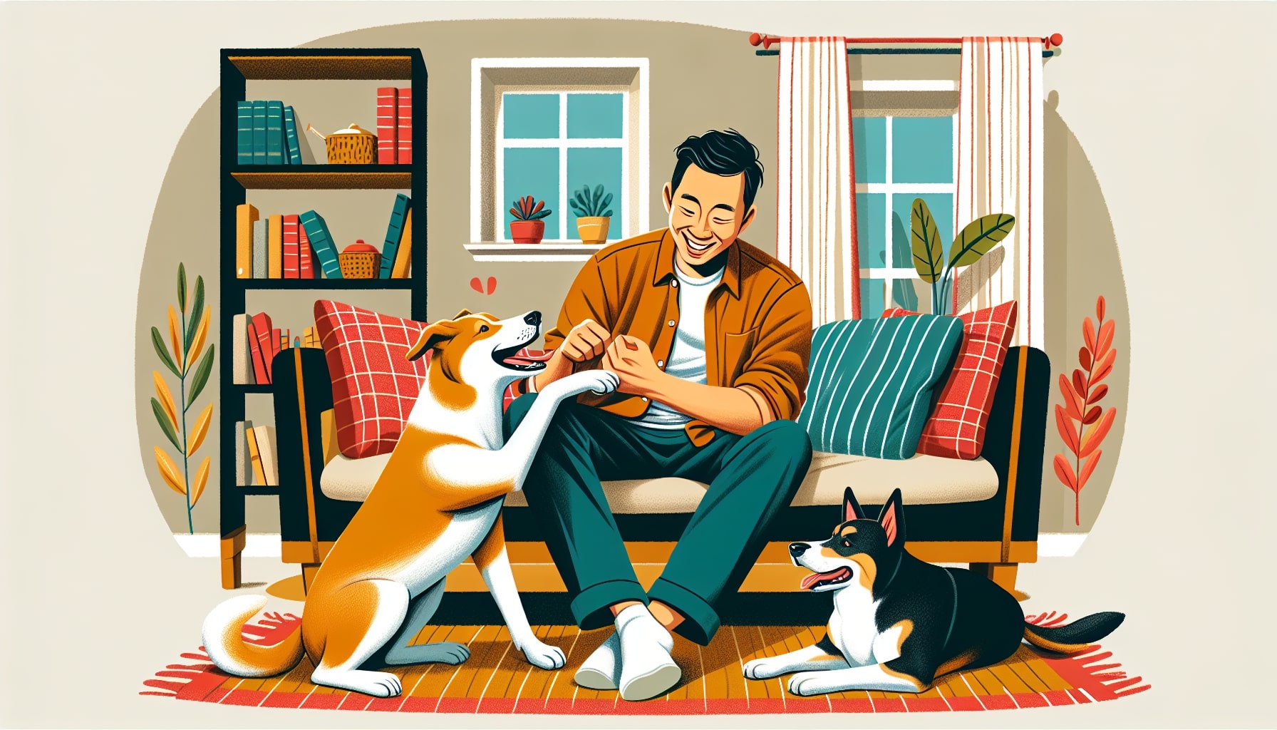 Man with dogs enjoying cozy home interior.
