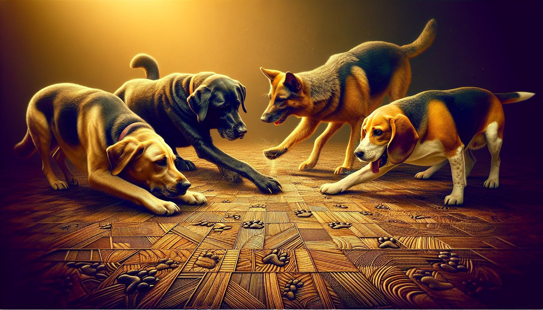 Four dogs on illuminated wooden floor.