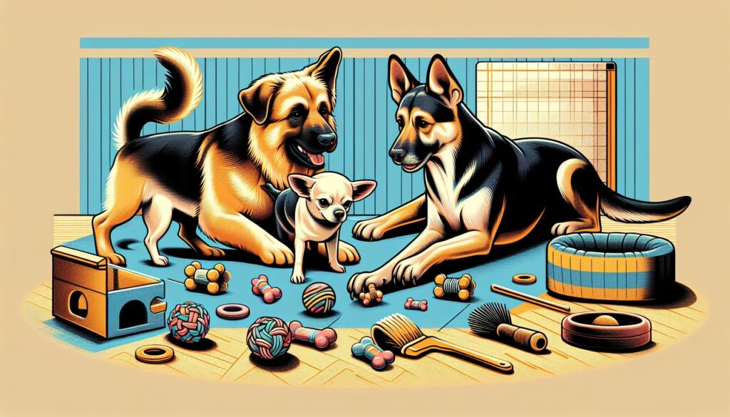 Two German Shepherds and Chihuahua with toys illustration.